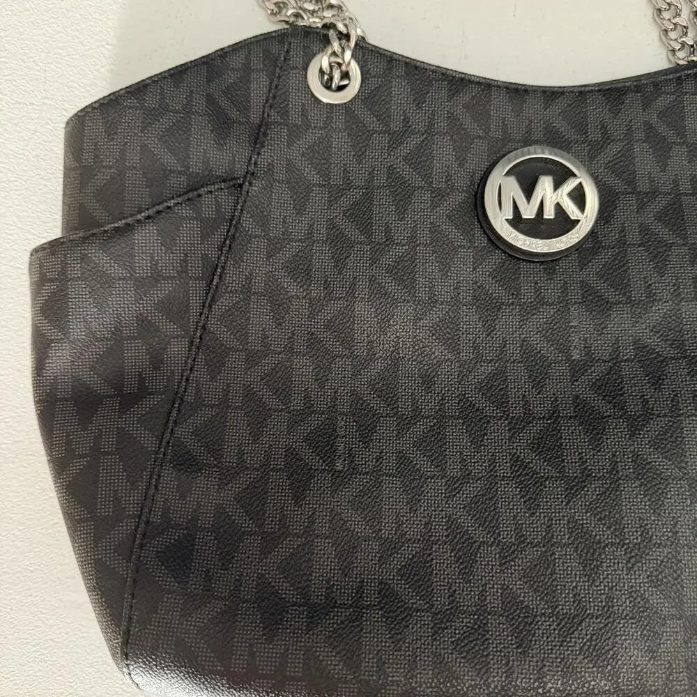 Michael Kors Shoulder Bag Womens Large Black Logo PVC Chain Tote Zip Wallet